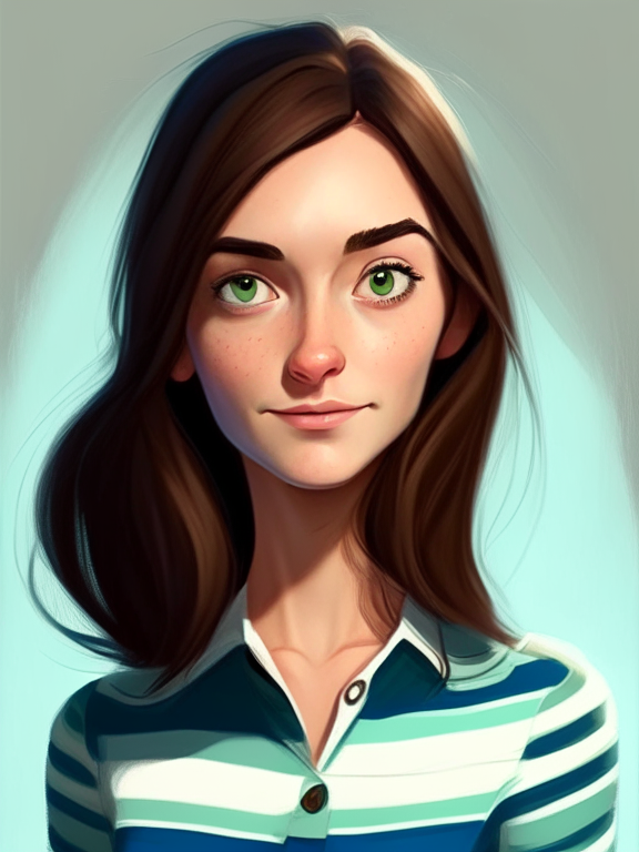 Chiara, a beautiful 27-year-old girl with chin-length straight brown hair, green almond eyes, wears a blue striped white shirt, in a pixar style illustration