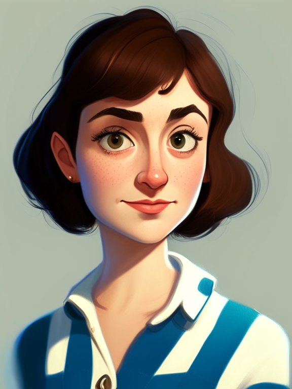 Chiara, a beautiful 27-year-old girl with short straight brown hair, green almond eyes, plump cheeks, wears a blue striped white shirt, in a pixar style illustration