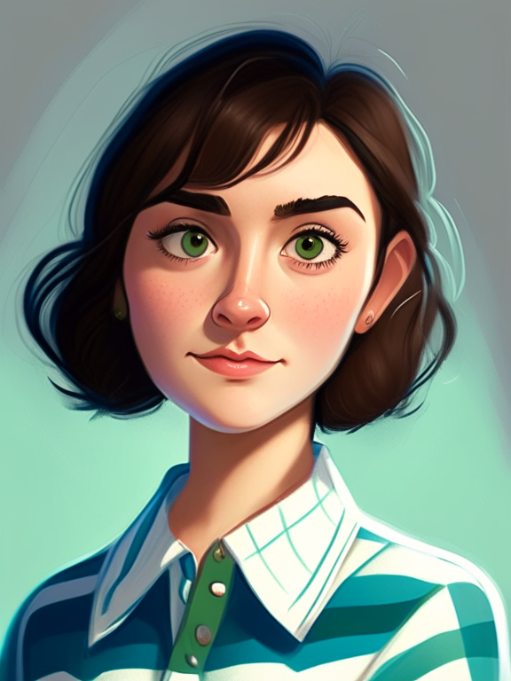 Chiara, a beautiful 27-year-old girl with short straight brown hair, green almond eyes, plump cheeks, wears a blue striped white shirt, in a pixar style illustration