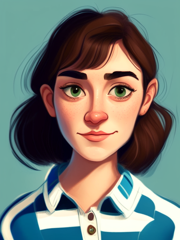 Chiara, a beautiful 27-year-old girl with short, straight, brown hair, green and almond eyes, plump cheeks, wears a blue striped white shirt, in a pixar style illustration