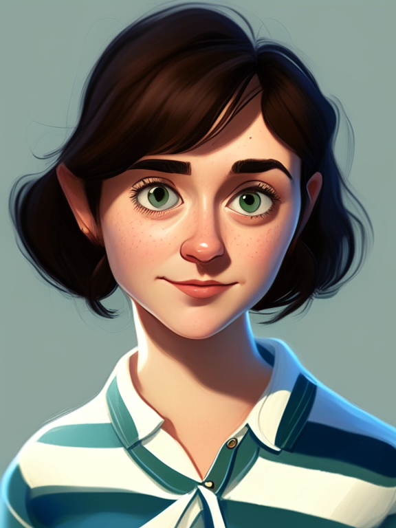 Chiara, a beautiful 27-year-old girl with short straight brown hair, small, green almond eyes, plump cheeks, wears a blue striped white shirt, in a pixar style illustration