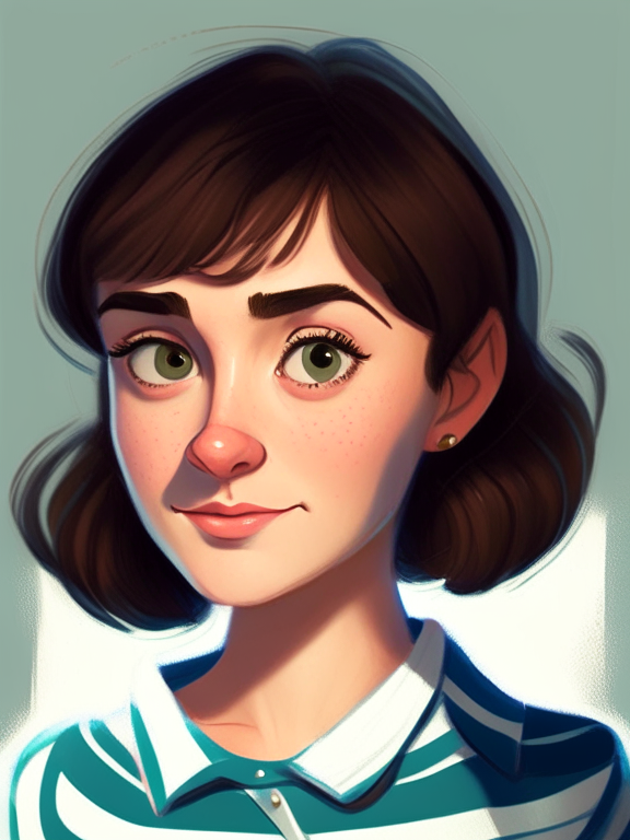 Chiara, a beautiful 27-year-old girl with short straight brown hair, small, green almond eyes, plump cheeks, wears a blue striped white shirt, in a pixar style illustration