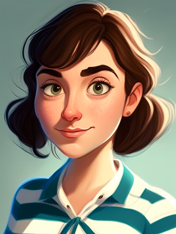 Chiara, a beautiful 27-year-old girl with short, straight, and brown hair, green almond eyes, plump cheeks, wears a blue striped white shirt, in a pixar style illustration, detailed