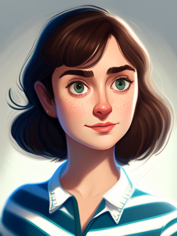 Chiara, a beautiful 27-year-old girl with short, straight, and brown hair, green almond eyes, plump cheeks, wears a blue striped white shirt, in a pixar style illustration, detailed