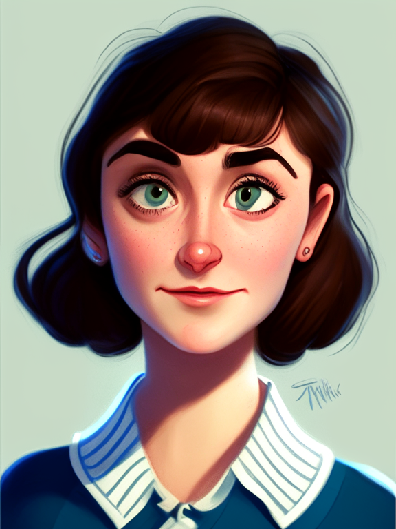 Chiara, a beautiful 27-year-old girl with short straight brown hair, green almond eyes, plump cheeks, wears a blue striped white shirt, in a pixar style illustration
