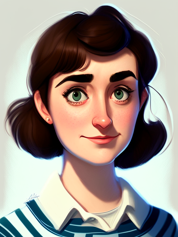 Chiara, a beautiful 27-year-old girl with short straight brown hair, green almond eyes, plump cheeks, wears a blue striped white shirt, in a pixar style illustration
