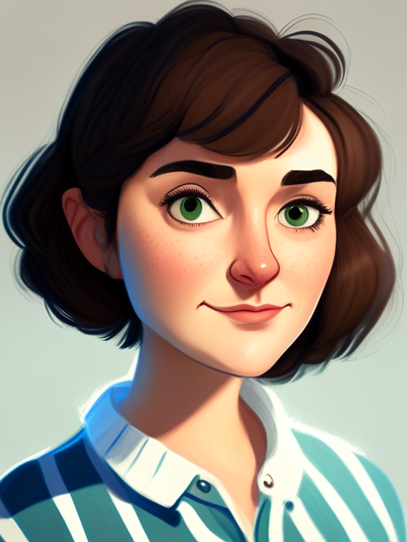 Chiara, a beautiful 27-year-old girl with short straight brown hair, green almond eyes, plump cheeks, wears a blue striped white shirt, in a pixar style illustration --seed