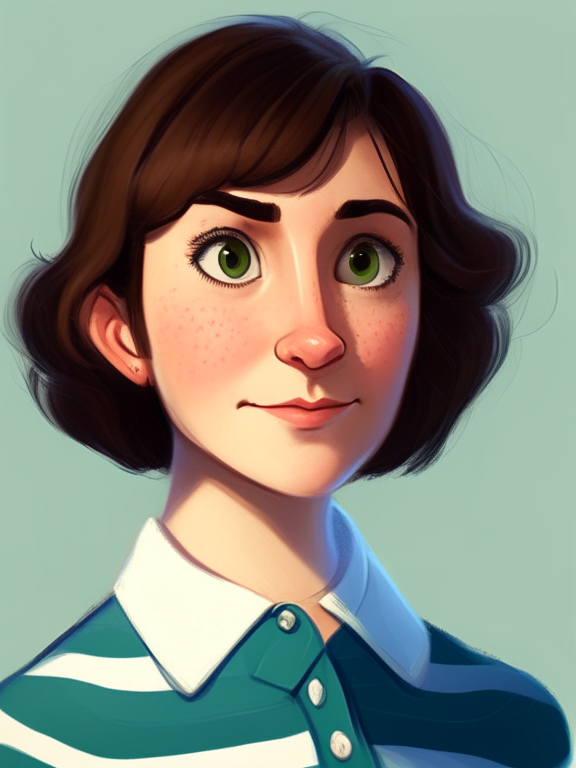 Chiara, a beautiful 27-year-old girl with short straight brown hair, green almond eyes, plump cheeks, wears a blue striped white shirt, in a pixar style illustration --seed