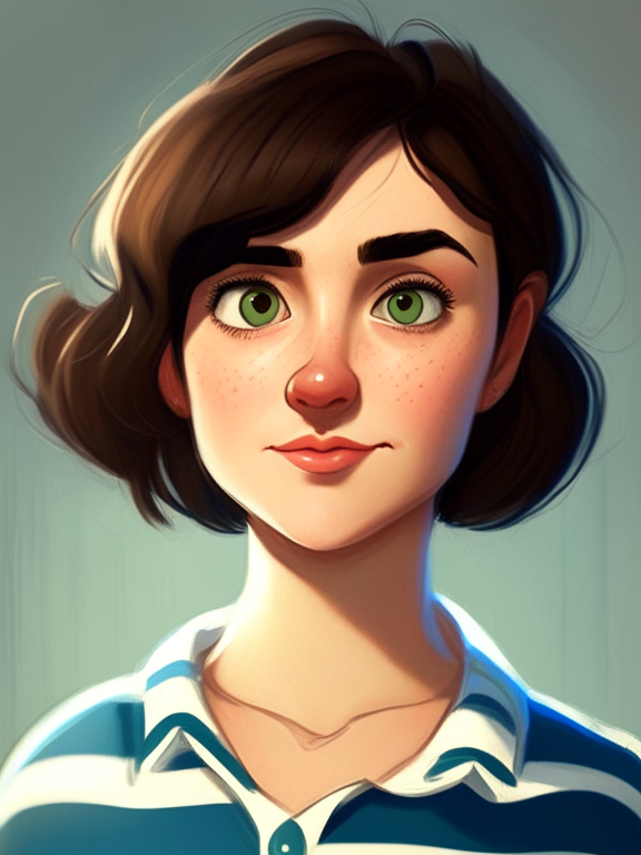 Chiara, a beautiful 27-year-old girl with short straight brown hair, green almond eyes, plump cheeks, wears a blue striped white shirt, in a pixar style illustration --seed
