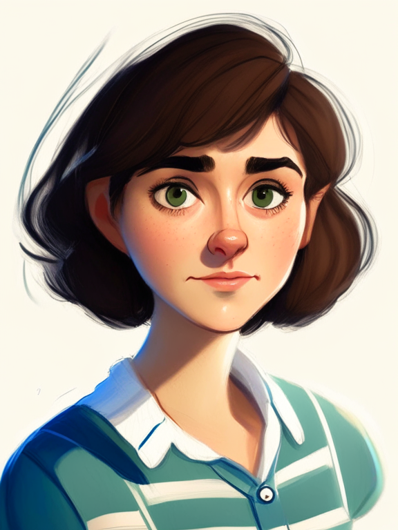 Chiara, a beautiful 27-year-old girl with short straight brown hair, green almond eyes, plump cheeks, wears a blue striped white shirt, in a pixar style illustration --seed