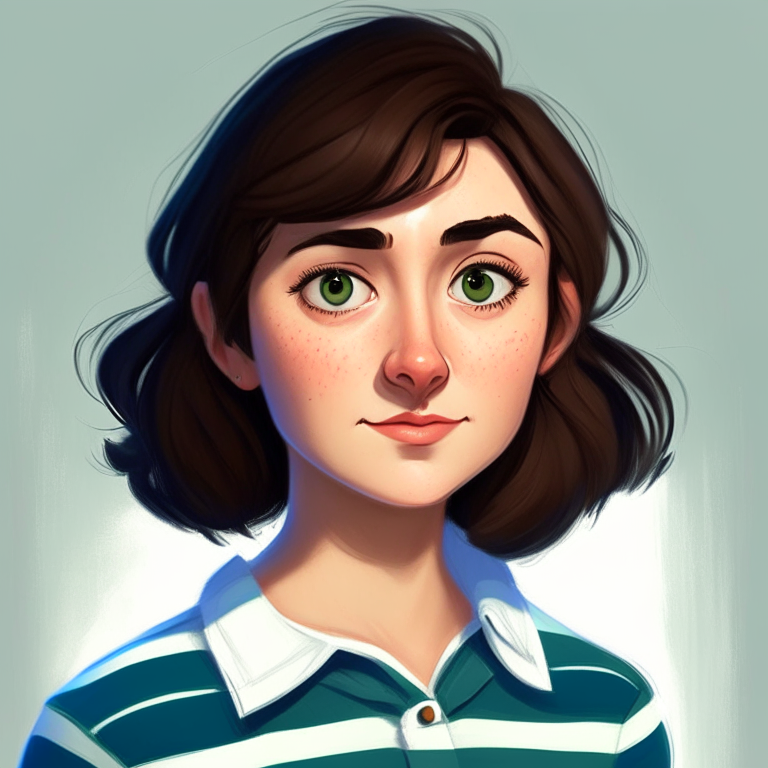 Chiara, a beautiful 27-year-old girl with short straight brown hair, green almond eyes, plump cheeks, wears a blue striped white shirt, in a pixar style illustration