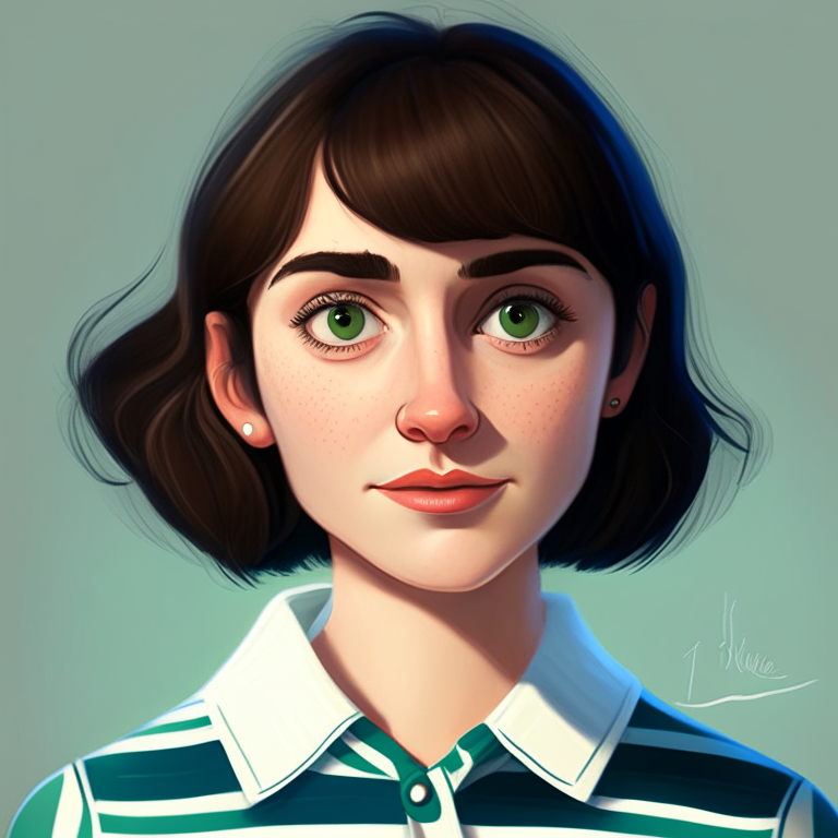 Chiara, a beautiful 27-year-old girl with short straight brown hair, green almond eyes, plump cheeks, wears a blue striped white shirt, in a pixar style illustration