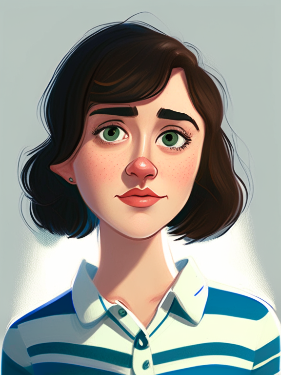 Chiara, a beautiful 27-year-old girl with short straight brown hair, green almond eyes, plump cheeks, wears a blue striped white shirt, in a pixar style illustration