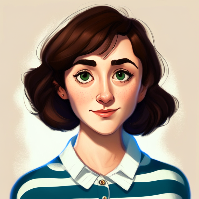 Chiara, a beautiful 27-year-old girl with short straight brown hair, green almond eyes, plump cheeks, wears a blue striped white shirt, in a pixar style illustration 