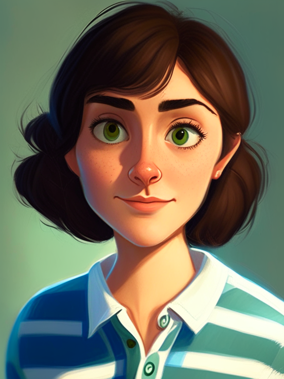 Chiara, a beautiful 27-year-old girl with short straight brown hair, green almond eyes, plump cheeks, wears a blue striped white shirt, in a pixar style illustration --seed 690054594
