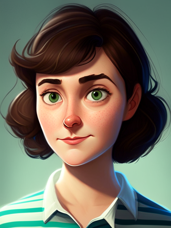 Chiara, a beautiful 27-year-old girl with short straight brown hair, green almond eyes, plump cheeks, wears a blue striped white shirt, in a pixar style illustration --seed 690054594