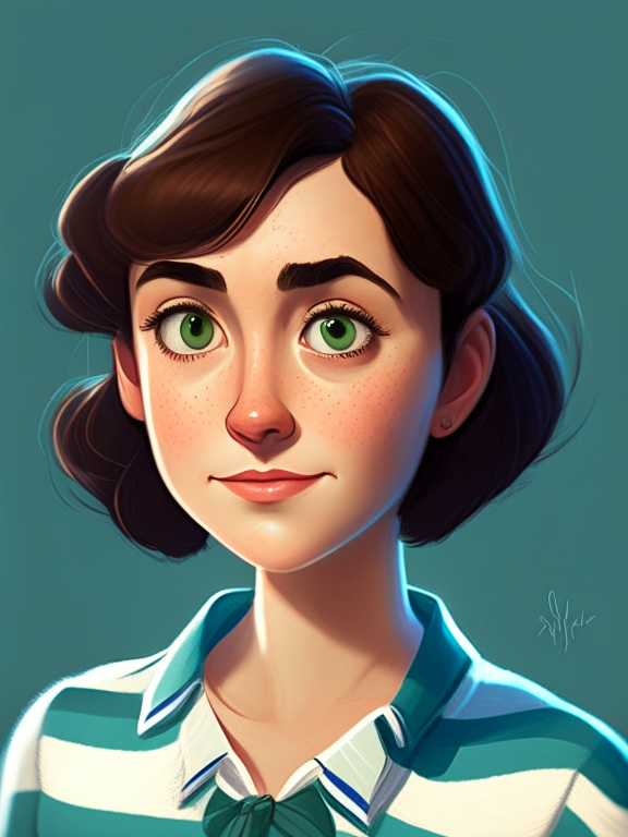 Chiara, a beautiful 27-year-old girl with short straight brown hair, green almond eyes, plump cheeks, wears a blue striped white shirt, in a pixar style illustration --seed 690054594