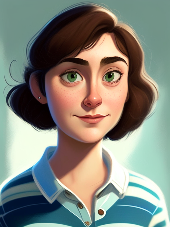 Chiara, a beautiful 27-year-old girl with short straight brown hair, green almond eyes, plump cheeks, wears a blue striped white shirt, in a pixar style illustration --seed 690054594