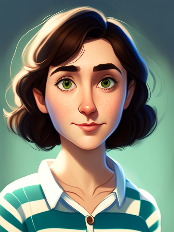 Chiara, a beautiful 27-year-old girl with short straight brown hair, green almond eyes, plump cheeks, wears a blue striped white shirt, in a pixar style illustration --seed 690054594