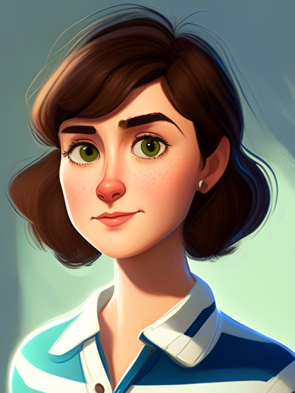 Chiara, a beautiful 27-year-old girl with short straight brown hair, green almond eyes, plump cheeks, wears a blue striped white shirt, in a pixar style illustration --seed 690054594