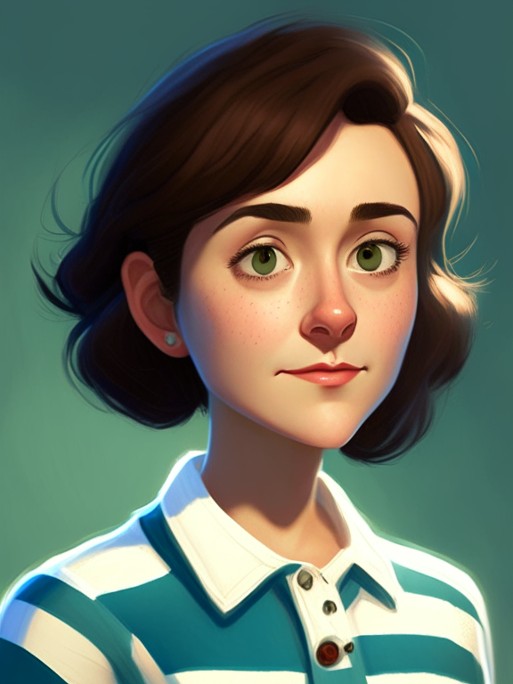 Chiara, a beautiful 27-year-old girl with short straight brown hair, green almond eyes, plump cheeks, wears a blue striped white shirt, in a pixar style illustration --seed 690054594