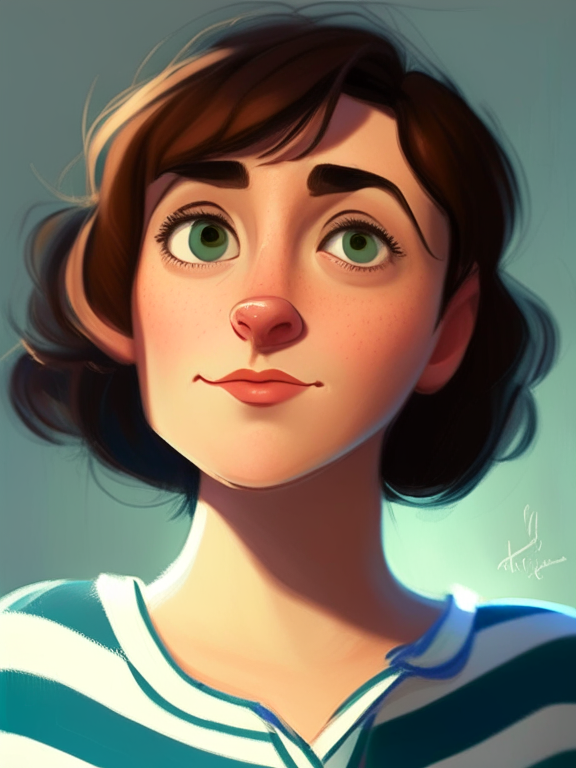 Chiara, a beautiful 27-year-old girl with short straight brown hair, green almond eyes, plump cheeks, wears a blue striped white shirt, looking up, in a pixar style illustration --sameseed 690054594