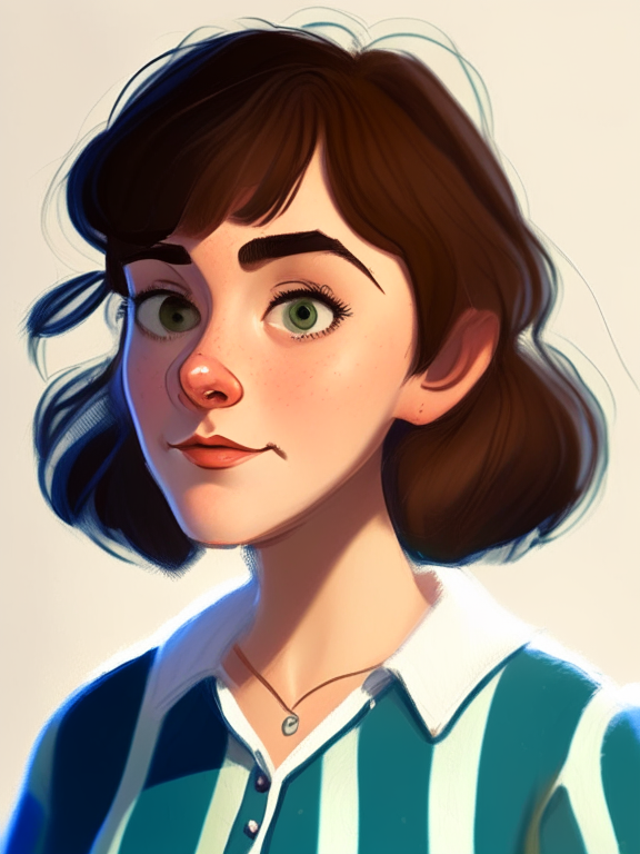 Chiara, a beautiful 27-year-old girl with short straight brown hair, green almond eyes, plump cheeks, wears a blue striped white shirt, looking up, in a pixar style illustration --sameseed 690054594