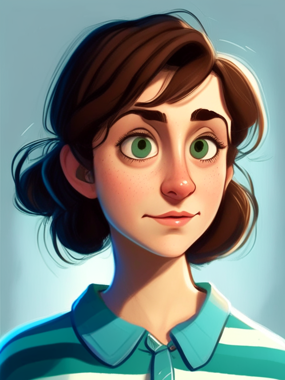 Chiara, a beautiful 27-year-old girl with short straight brown hair, green almond eyes, plump cheeks, wears a blue striped white shirt, looking up, in a pixar style illustration --sameseed 690054594