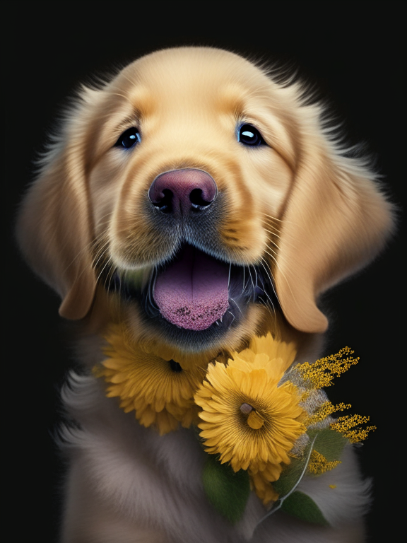 a puppy golden retriever with flowers in his mouth detailed