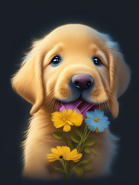 miky a cute puppy golden retriever with flowers in his mouth detailed, in pixar style