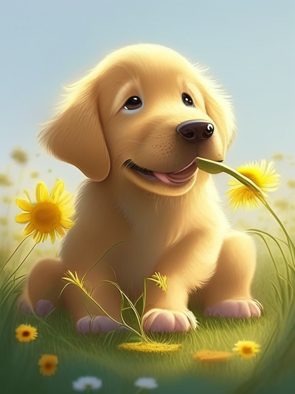 a beautiful golden retriever puppy is eating a daisy, pixar illustration style
