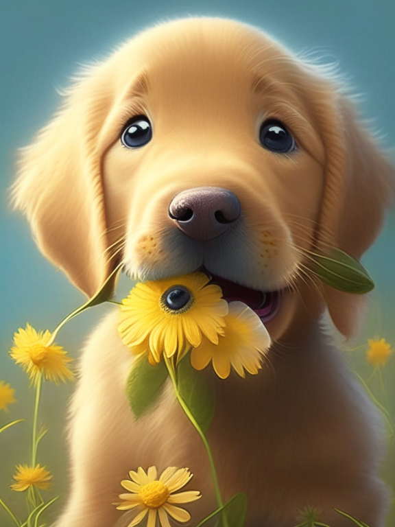a beautiful golden retriever puppy has a daisy in his mouth, pixar detailed illustration