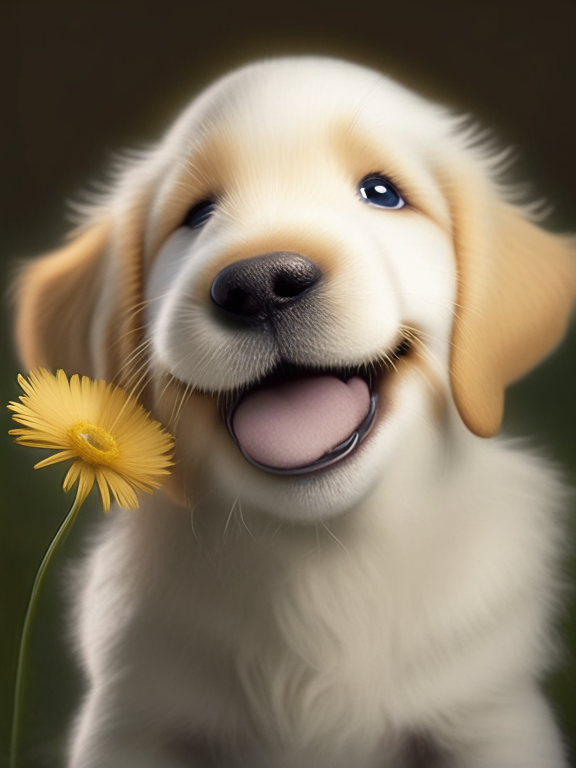 a beautiful golden retriever puppy has a white daisy in his mouth, in pixar style