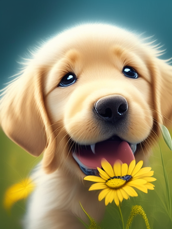 a beautiful golden retriever puppy has a white daisy in his mouth, in pixar style