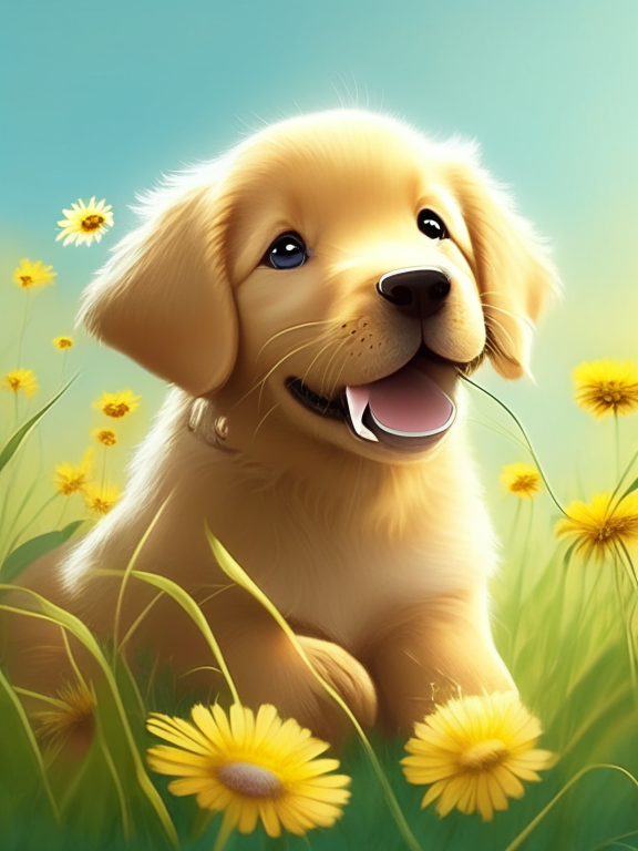 a beautiful golden retriever puppy is eating a daisy, pixar illustration style
