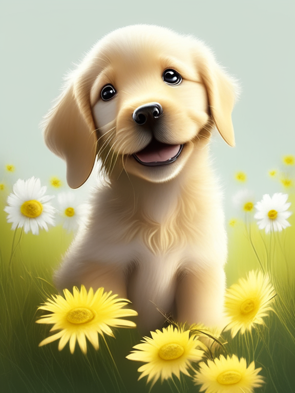 a beautiful golden retriever puppy has a little white daisy, pixar illustration style