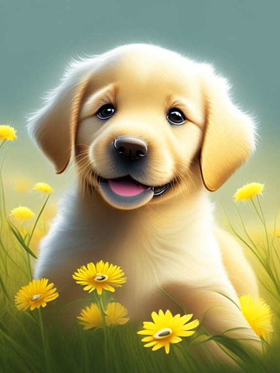 a beautiful golden retriever puppy has a little white daisy, pixar illustration style