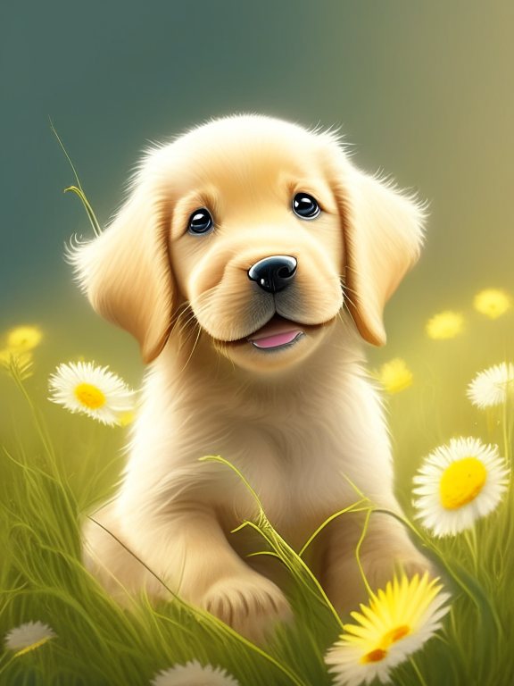 a beautiful golden retriever puppy has a little white daisy, pixar illustration style
