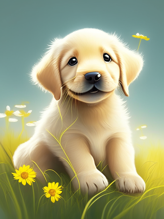 a beautiful golden retriever puppy has a little white daisy, pixar illustration style