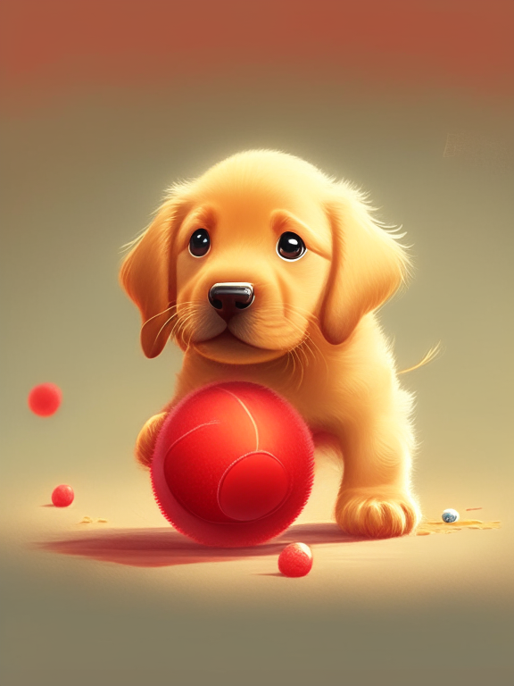 a beautiful golden retriever puppy is play whit a red small ball, pixar illustration style
