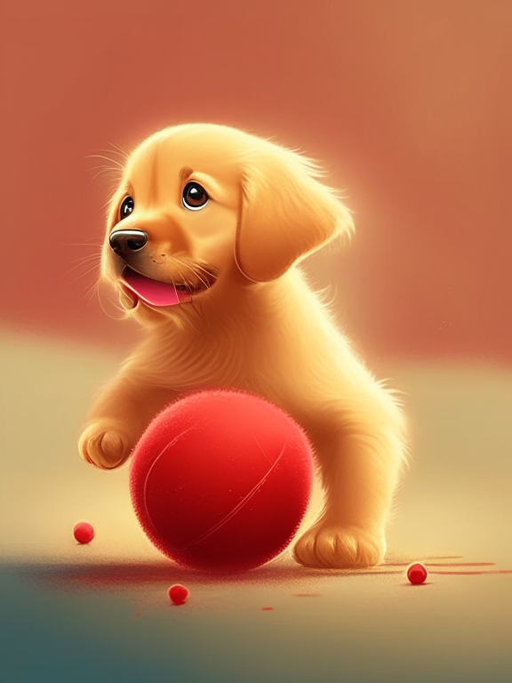 a beautiful golden retriever puppy is play whit a red small ball, pixar illustration style