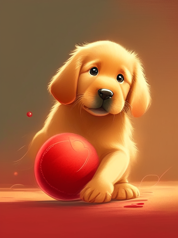 a beautiful golden retriever puppy is play whit a red small ball, pixar illustration style