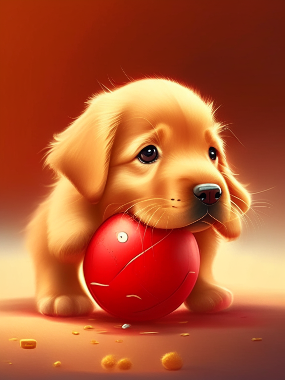a beautiful golden retriever puppy is play whit a red small ball, pixar illustration style