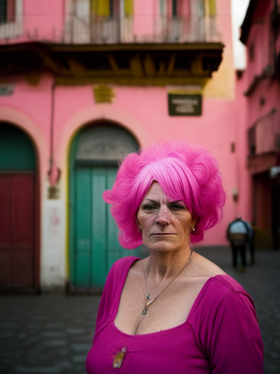 a woman with pink hair in front of a maggiolino