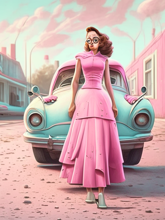 a woman in a pink dress standing next to a car, Pixar filter