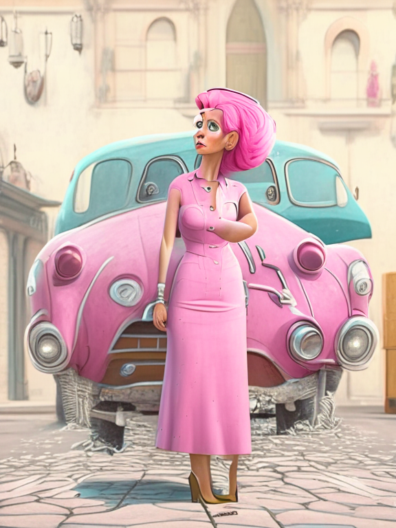 a woman with pink hair and dress standing next to a maggiolino car, looking down left, in Pixar style