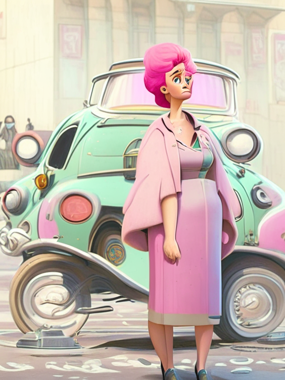 a woman with pink hair and dress standing next to a maggiolino car, looking down left, in Pixar style
