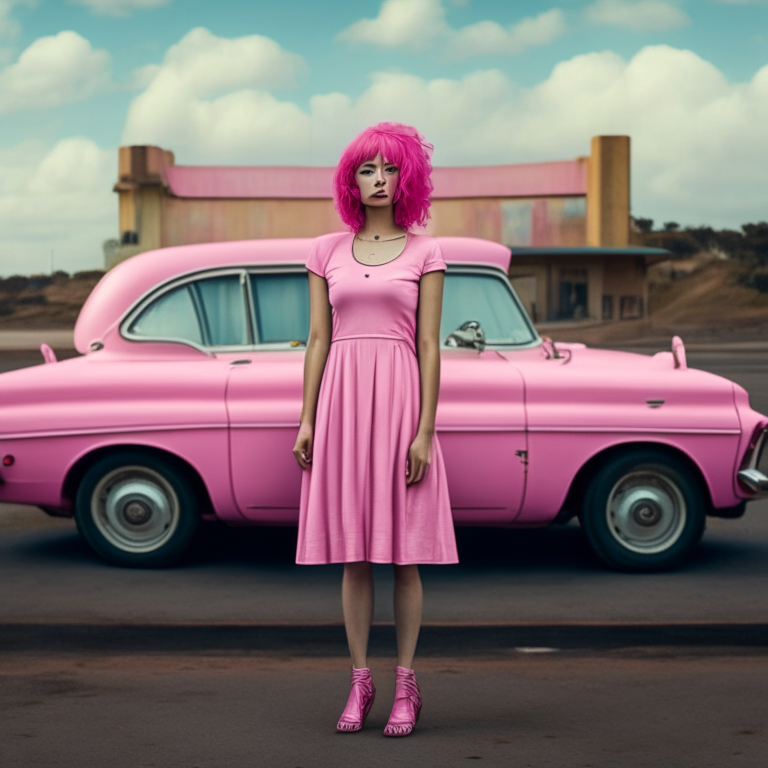 a woman in a pink dress whit pink hair, standing next to a car --sameseed 417241810