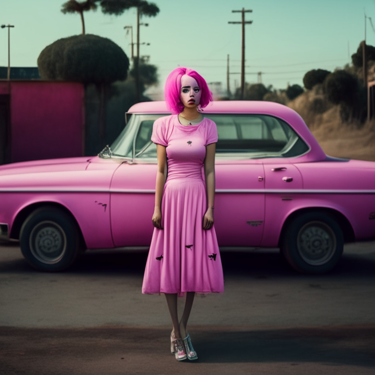 a woman in a pink dress whit pink hair, standing next to a car --sameseed 417241810
