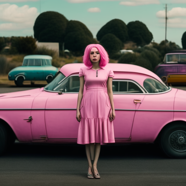 a woman in a pink dress whit pink hair, standing next to a car --sameseed 417241810